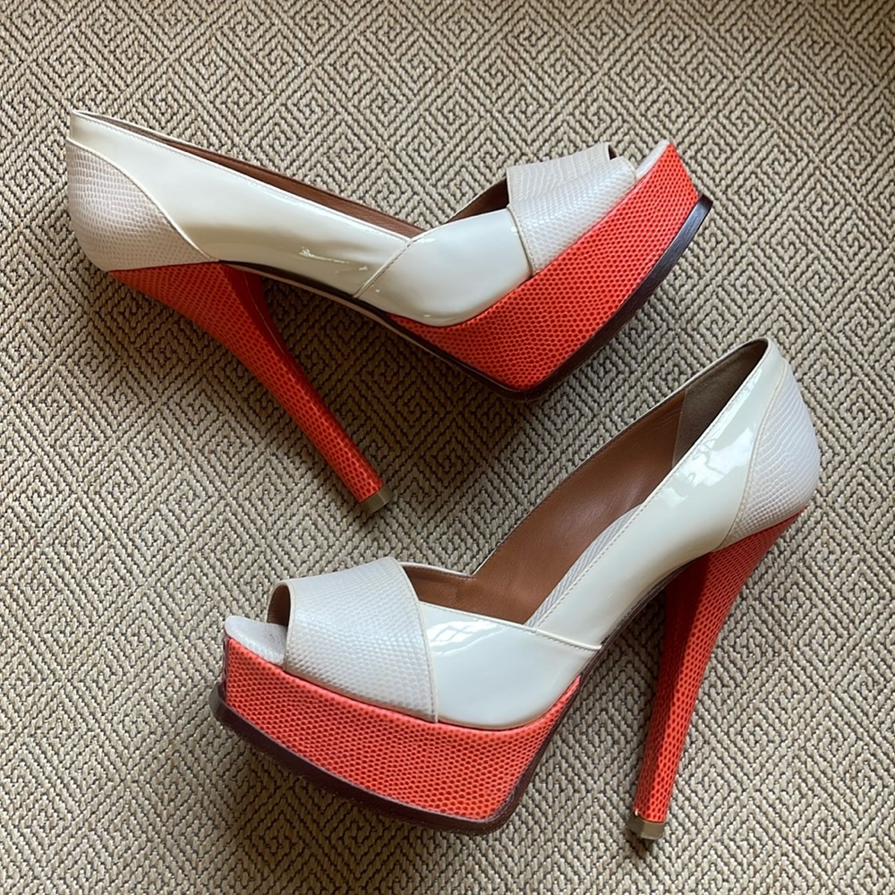 FENDI Off White and Orange Peep Toe Heels, 37.5